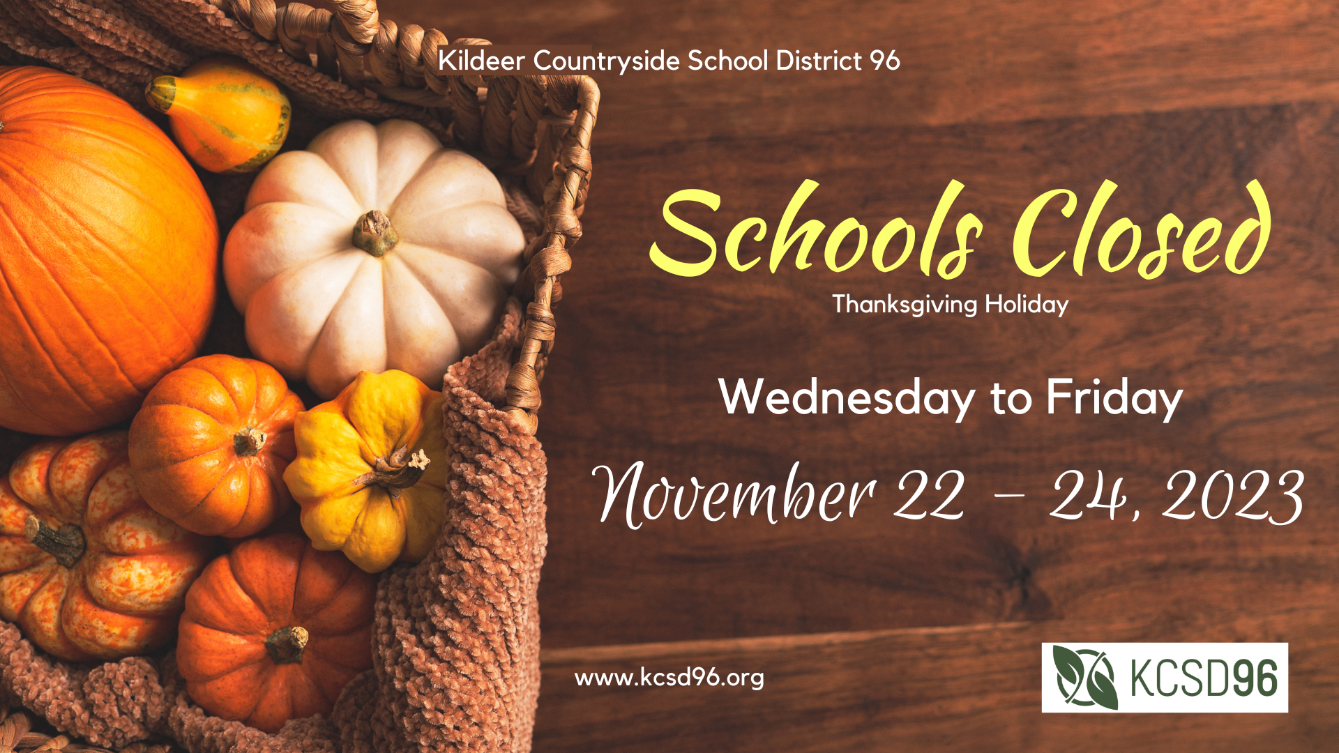 District 96 Schools Closed from November 22 to 24, 2023