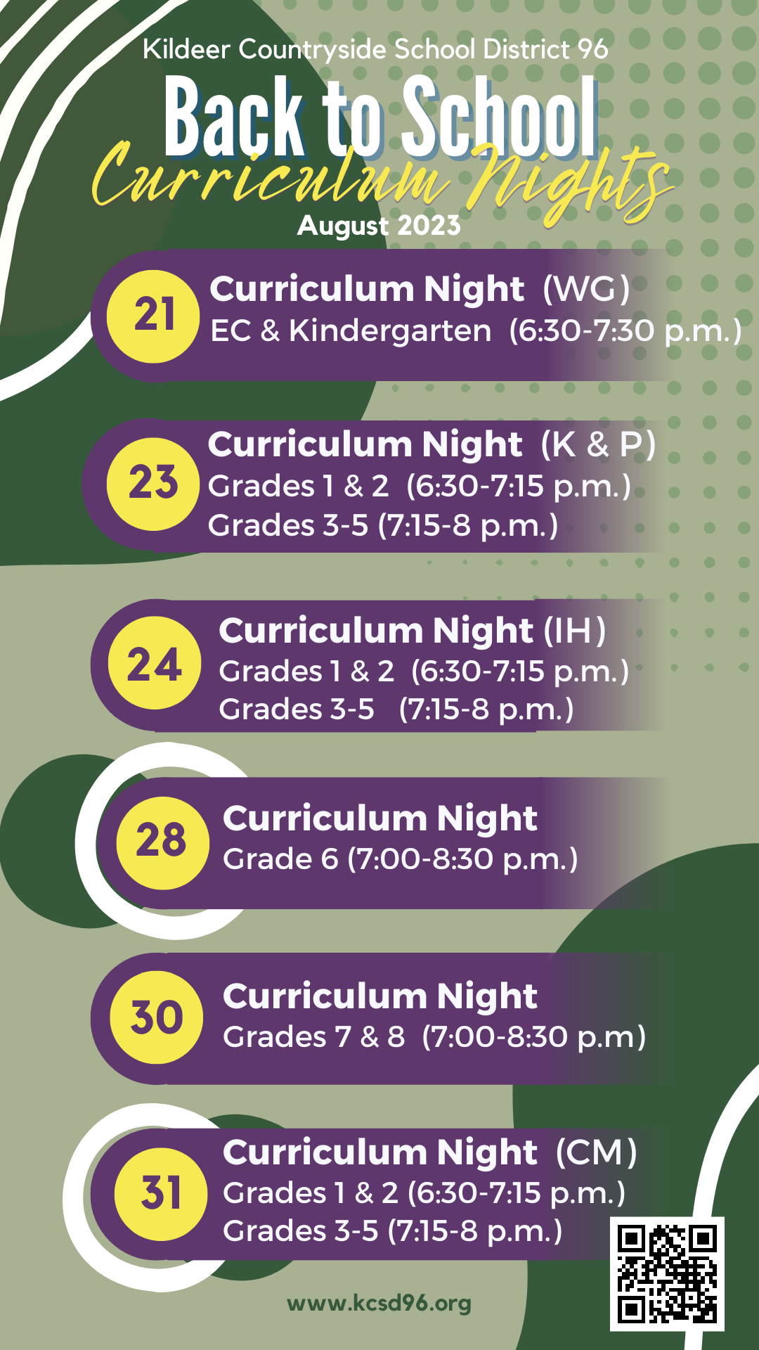 District 96 Curriculum Nights, August 21 to 31, 2023