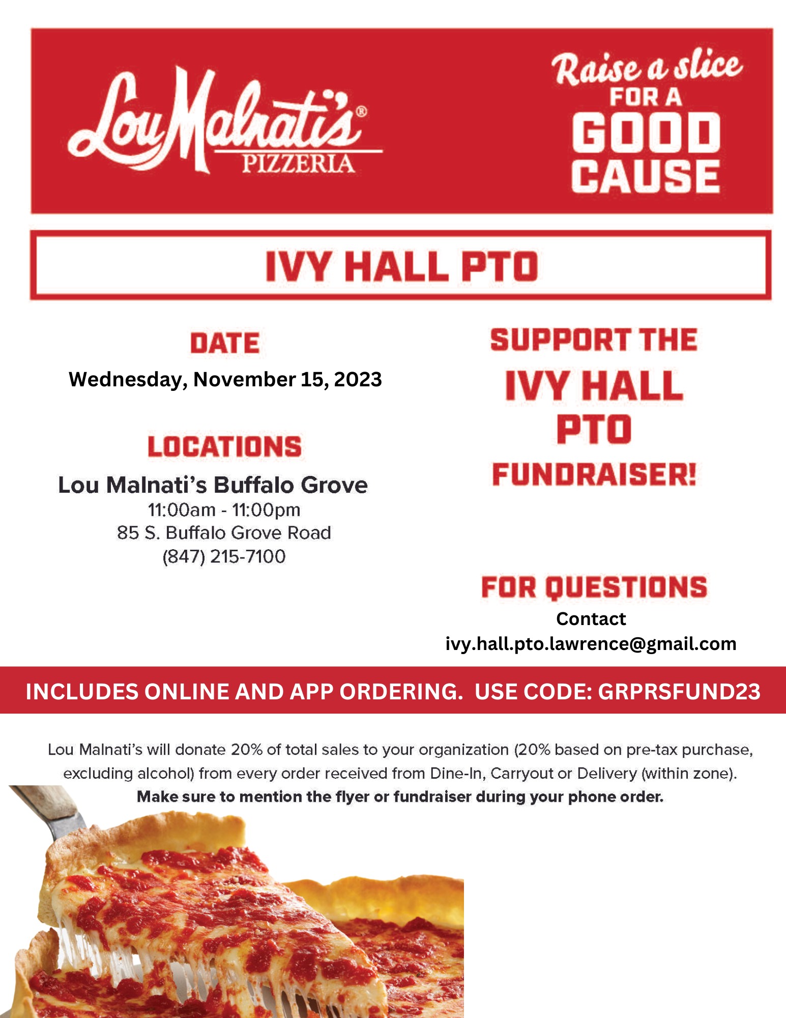 Ivy Hall PTO Fundraiser at Lou Malnati's Pizza on November 15, 2023