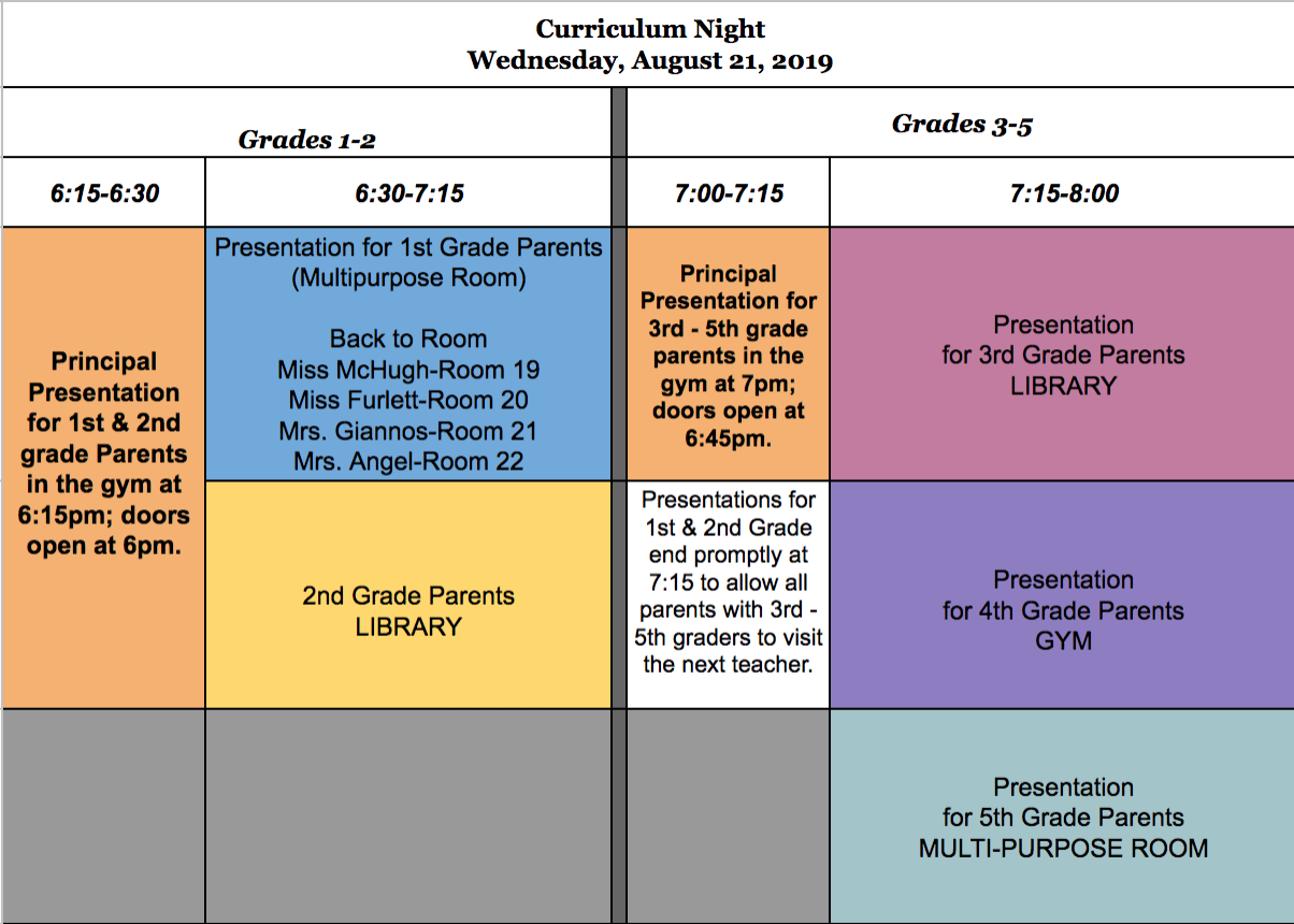 Curriculum Night Schedule