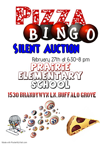 Advertising flyer with pizza slice and wire basket with Bingo game balls pictured