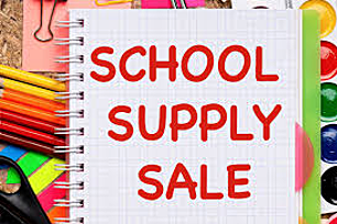 graphic with school supplies and spiral notebook sign reading School Supply Sale