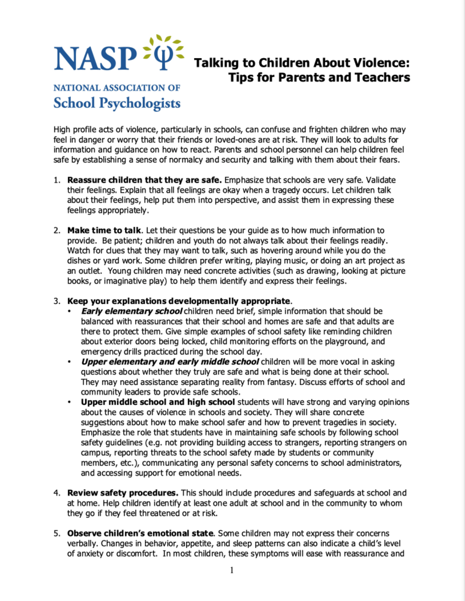 Talking to Children About Violence page 1 of 2 (Tips for Parents)