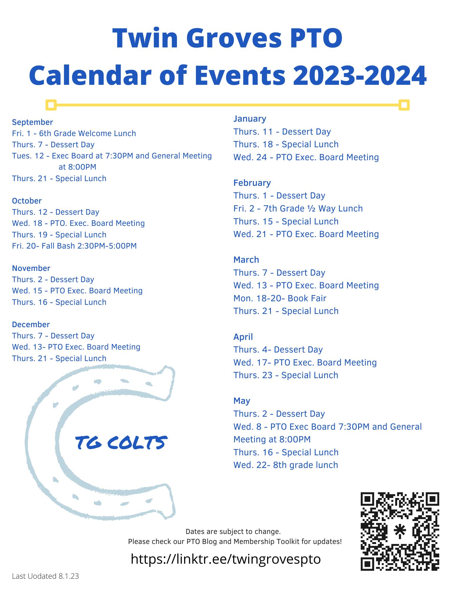 Twin Groves PTO Calendar of Events 2023-24