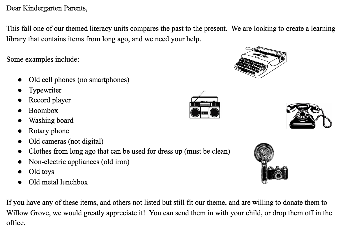 Letter asking for donations of old technology for kindergarten unit on literacy