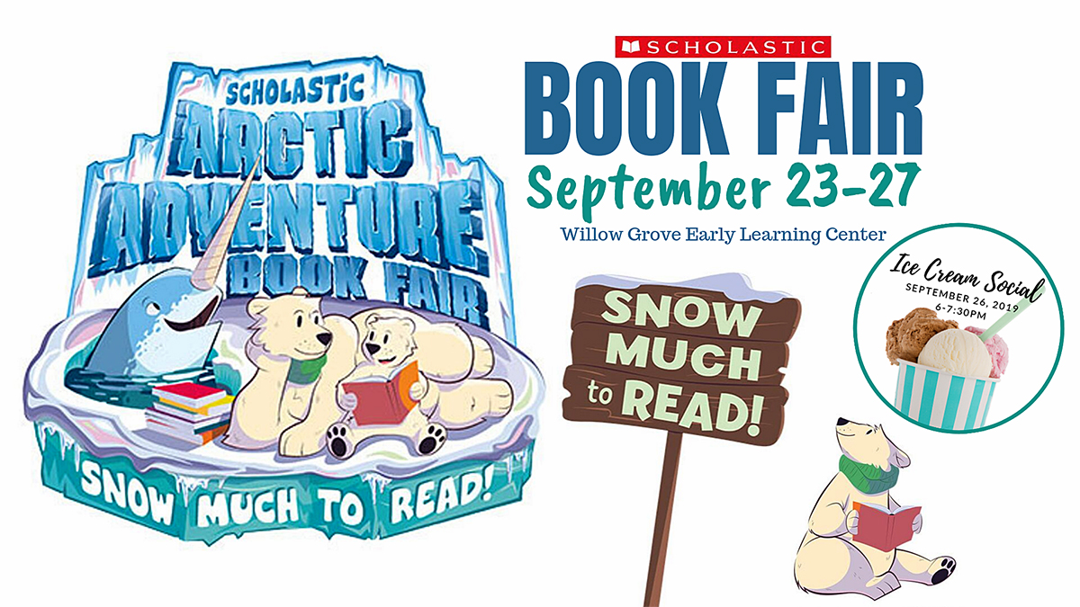 Polar bear reading books in snowy book theme advertisement