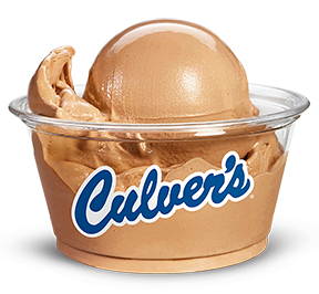 scoop of chocolate ice cream in cup labeled Culver's