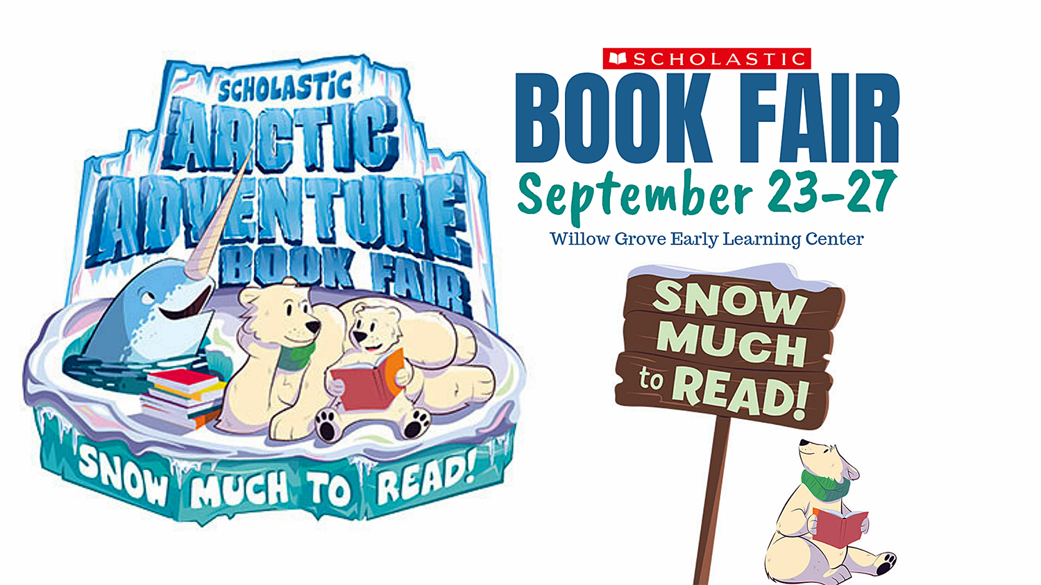 Arctic animals reading books on advertisement with theme Snow much to read